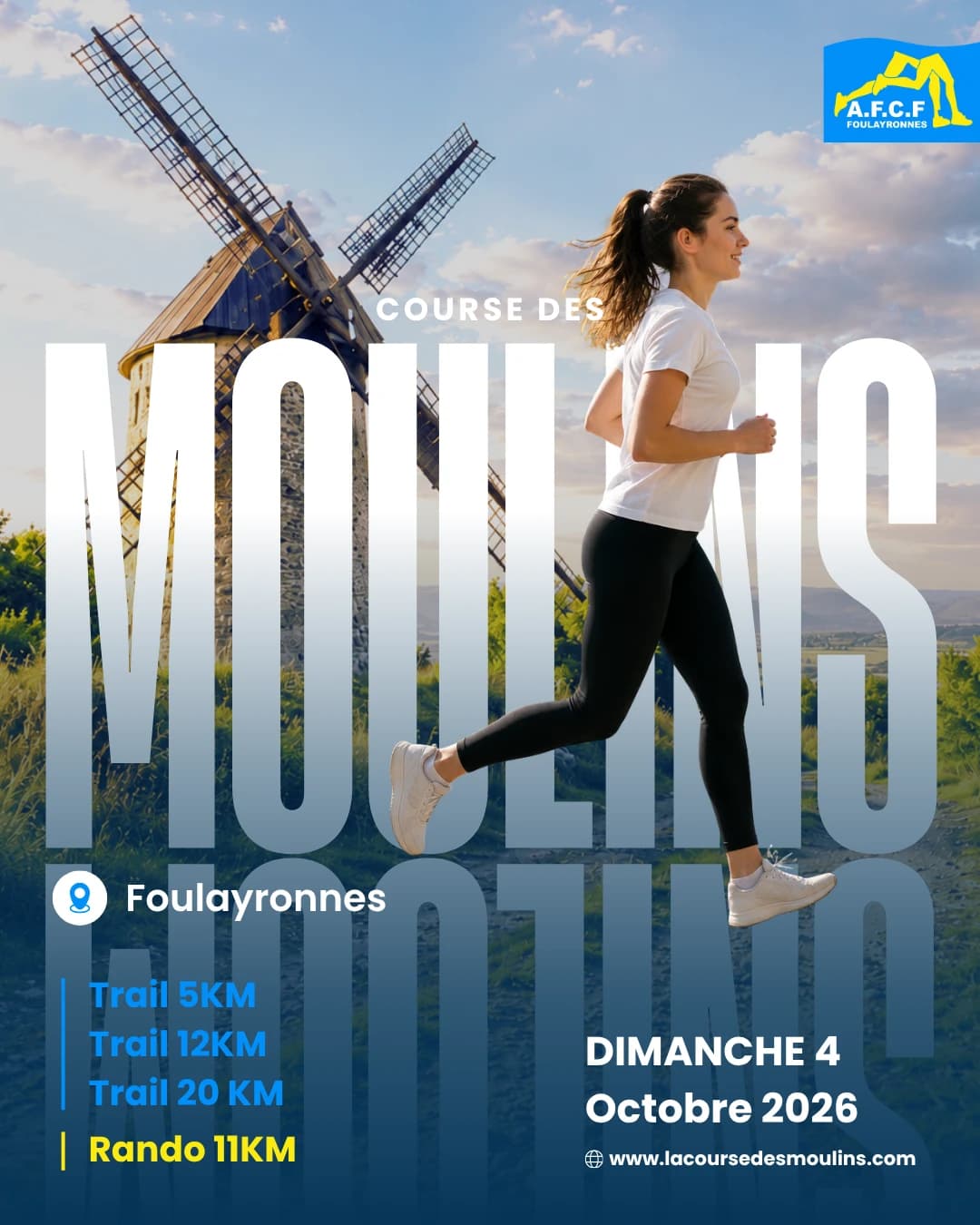 Affiche de la Course des Moulins à Foulayronnes avec le moulin en arrière-plan