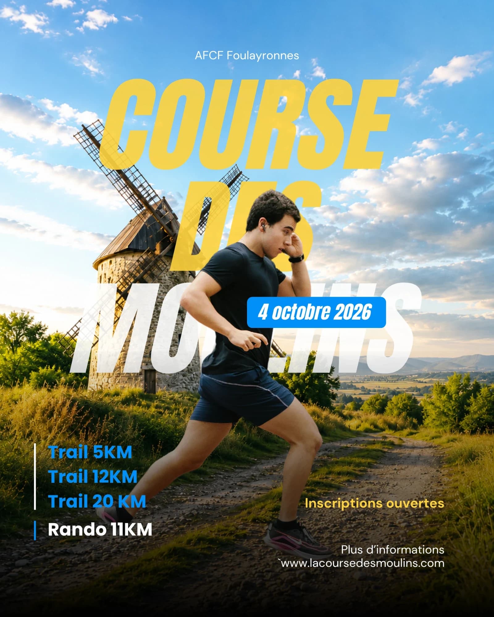 Affiche de la Course des Moulins avec les distances de trail et rando